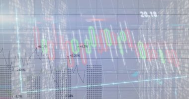 Geceleri şehir silueti üzerinde yüzde etiketleriyle şamdan çubukları ve çizgi grafiği gösteriliyor. Finansal, veri, analitik, gelecek, teknoloji, dijital, kentsel