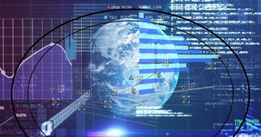 Orta Dünya küresi, çubuk grafikleri, çizgi grafikleri, kod ve reaksiyonlarla torpido gözünde dönüyor. Futuristik, dijital, arayüz, analitik, görselleştirme, teknoloji, veri