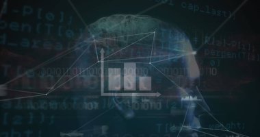 Veri ortamında titreşen kafa profili, sinirsel ağ ve ikili kod akışlarıyla görüntüleniyor. Teknoloji, veri görselleştirme, siber güvenlik, yapay zeka, dijital yenilik, analitik, soyut sanat