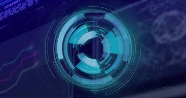 Kontrol paneli üzerinde parlayan, eş merkezli halkalar ve çizgi grafikleriyle dönen siyan dijital arayüz. Fütürist, dijital, ui, teknoloji, arayüz, holografik, veri