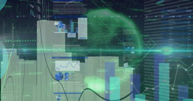 Ağ çalışma alanında çalışan yeşil parçacık küresi, UI panelleri, grafikleri, veri akışları ve tabloları ile. Fütürist, dijital, holografik, analitik, görselleştirme, teknoloji, ağ