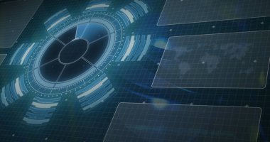 Dairesel yarıçap arayüzü görüntüleniyor, veri halkalarını ızgaralarla yansıtıyor, dünya haritası örtüşüyor. Fütürist, dijital, holografik, teknoloji, soyut, veri görselleştirme, etkileşimli