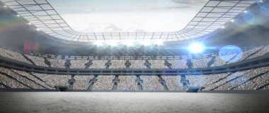 Boş spor stadyum koltukları düz tasarımla gösteriliyor, saha, katlı koltuklar, projektörler. Spor, mimari, altyapı, tribün, çevre, kentsel, gösterişli