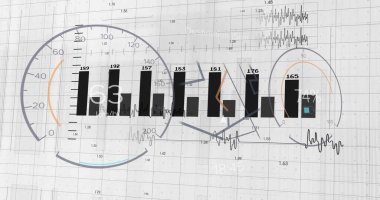 Gösterge paneli hız göstergesi, çubuk grafikleri ve dairesel göstergelerle gösteriliyor. Teknoloji, analitik, gösterge paneli, görselleştirme, performans, kullanıcı arayüzü, yenilik
