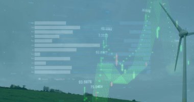 Rüzgar türbini yamaçta güç üretiyor, çubuk grafik ve şamdan çizelgeleri ile, uzayı kopyalayın. Yenilenebilir, sürdürülebilirlik, teknoloji, finans, analitik, manzara, çevre dostu