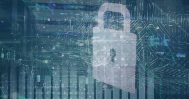 Yarı şeffaf asma kilit simgesi güvenlik arayüzü, devre şemaları ve çubuk çizelgeleri gösteriliyor. Siber güvenlik, teknoloji, dijital, veri, koruma, ağ, yenilik