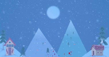 Karlı vadide yükselen mavi tepeler, iki ev, yemyeşil, düşen kar, dolunay. Dağlar, kış manzarası, kar yağışı, gece manzarası, kozievler, her türlü güç, gök kubbe