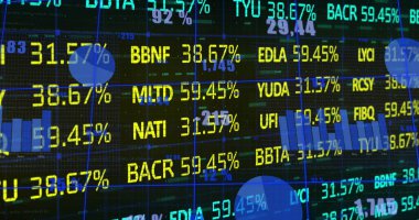 Ticaret katında, parlak dairelerle finansal ekran kaydırma borsa işaretleri gösteriliyor. Teknoloji, finans, veri görselleştirme, analitik, yatırım, pazar, dijital