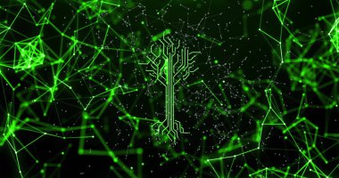 Sanal ağ örgüsünde parlayan yeşil düğümlerle merkezi ağaç şekilli devre gösteriliyor. Fütürist, teknoloji, dijital, soyut, siber alan, yenilik, bağlantı