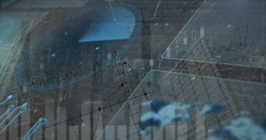 Yakın plan dizüstü bilgisayar klavye stili ve analitik örtülerle ofis masasında dinlenen dairesel kadranlar. Teknoloji, veri, finans, analiz, yenilik, dijital, iş