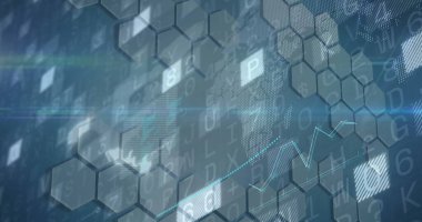 Ağ veri görünümünü altıgen ızgarası, alfanumerik kod, çizgi grafiği örtülü gösteriliyor. Teknoloji, analitik, dijital, fütüristik, görselleştirme, veri, yenilik