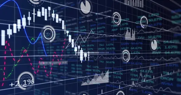 Candlestick grafiği ve kırpılmış satırları ekranda yüzde etiketleriyle takas etmek. Finansal, analitik, görselleştirme, dijital, gösterge paneli, veri, teknoloji
