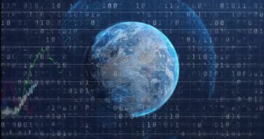 Dönen ve ortaya çıkan ikili besleme küresi, nabız çizgileriyle küresel veri eğilimlerini görselleştiriyor. Dijital, analitik, teknoloji, veri, görselleştirme, gelecek, matris