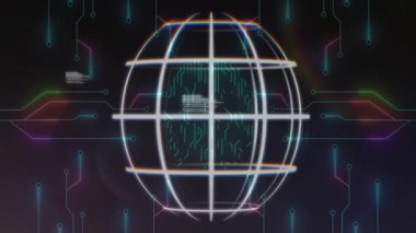 Sistemde dönen kablo küresi, titreyen yazılar, kopan arızalar ve titreşen düğümler var. Fütürist, dijital, teknoloji, soyut, siber, yenilik, veri