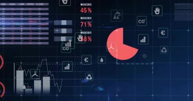 Veri tablosunda kaybolmak, ölçümleri başlatmak, grafikleri güncellemek, simgeler görselleştirme ölçümleri yüzdürmek. Fütürist, dijital, analitik, görselleştirme, çevre dostu, yenilenebilir, etkileşimli