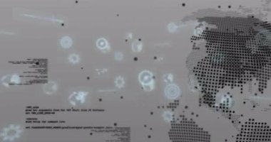 Gri arayüz etkinleştiren düğüm simgeleri veri akışını gösteren dönen dünyaya doğru hareket ediyor. Teknoloji, veri görselleştirme, dijital ağ, bilgi akışı, siber uzay, soyut tasarım, fütüristik