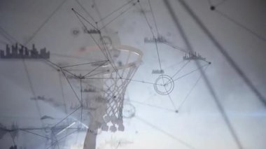 Siluet adam potaya doğru smaç basıyor basketbol analitiğini gösteren veri örtüleri oluşturuyor. Dinamik, fütüristik, soyut, performans, görselleştirme, yenilik, hareket