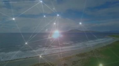 Titreşen düğümlerde solgunluk ve kıyı veri akışını gösterirken birbirine bağlanan çizgiler. Teknoloji, bağlantı, yenilik, fütüristik, kentsel, ağ, dijital