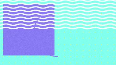 Sarı deniz tarakları, beyaz dalgalar ve mor şekilli su tuval üzerinde şekilleri gösteren bir döngü. Geometrik, soyut, animasyon, dijital, tasarım, minimalist, canlı