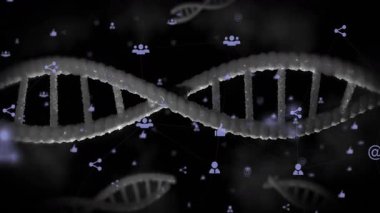 Ortaya çıkan çift sarmal sürüklenen parçacıklar ve titreşen sosyal simgelerle ağ oluşturuyor. Futuristik, dijital, yenilik, teknoloji, bağlantı, soyut, ağ