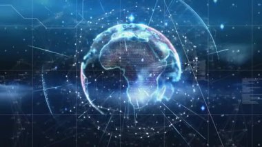 Holografik Dünya çöktüğünde, dünya ağ ile dönüyor ve veri etiketleri bağlantıyı görselleştiriyor. Dijital, geleceksel, küresel, bağlantı, teknoloji, ağ, sanal