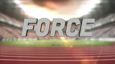 Güç temasını vurgulayarak, kırmızı pist şeritlerinde büyüyen cesur metalik metin kuvvetlerinin canlandırılmasına başlanıyor. Dinamik, enerjik, modern, atletik, enerjik, dramatik, motive edici
