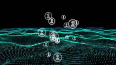 Siyah bg üzerinde akan ikili dalga kullanıcı simgelerinin yukarı doğru kaybolmasına, halkaların oluşmasına, ağın oluşmasına neden oluyor. Dijital, bağlantı, teknoloji, veri, siber, ağ, geleceksel