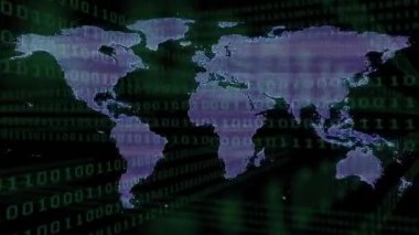 Harita siluetinin arkasında kod akışı başlatılırken, veri ağını gösteren ızgaralara ayrılır. Siber uzay, dijital, teknoloji, ağ, veri, fütüristik, soyut