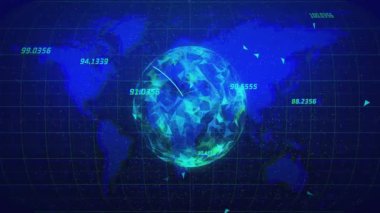 Kristal veri küresi, küresel ağı oluşturan neon yay fırlatırken sönen sayısal değerler. Teknoloji, görselleştirme, fütüristik, analiz, yenilik, dijital, ağ