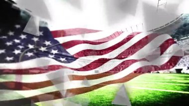 Amerikan bayrağı soldan dalgalanırken, berrak kırıntılar sürükleniyor ve stadyum sahasını gözler önüne seriyor. Vatanseverlik, kutlama, milliyetçilik, hareket, dinamik, soyut, enerjik