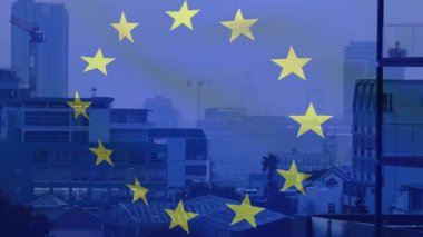 AB 'nin şeffaf yıldız çemberi ufuk çizgisinde kayboluyor, yıldızlar saat yönünde dönüyor, birliği simgeliyor. Şehir manzarası, modern, minimalist, birlik, ilerleme, mimari, kurumsal