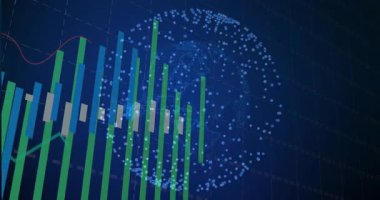 Koyu mavi ızgara ortaya çıkıyor, dönen küre oluşuyor ve yükselen çubuklar değişen eğilimi gösteriyor. Teknoloji, veri, analitik, görselleştirme, dijital, yenilik, hareket