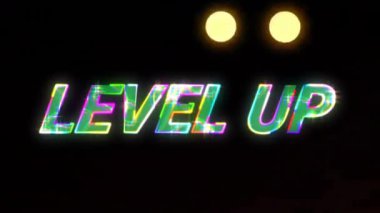 Sol üstte kayan küre arızalı LEVEL UP 'e başlıyor. Parlak küreler, ilerlemeyi gösteriyor. Neon, soyut, fütüristik, dijital, animasyon, canlı, hareket
