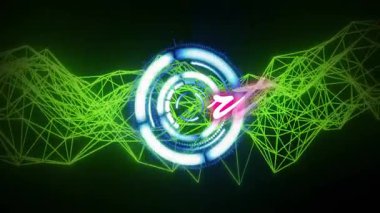 Koyu arkaplan açılıyor halka döndürme dalgaları soluyor Pembe Başlangıç metni fırlatılışı gösteriyor. Fütürist, dijital, soyut, teknoloji, yenilik, hareket, neon