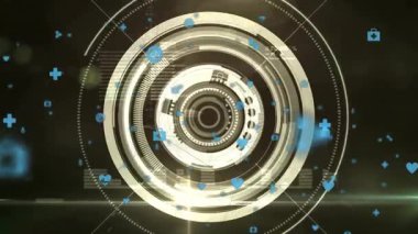 Başlangıçta metalik halkalar ve dişliler mavi ikonlar gibi dönerek görselleştirilmiş veri akışının yörüngesinde dönüyorlar. Fütürist, teknoloji, arayüz, siber, dijital, soyut, ağ