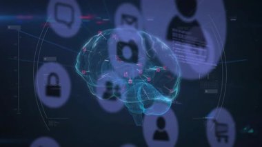 Dijital arayüz ışıklandırma düğümlerinde görünen 3 boyutlu beyin simgeleri ağa bağlayan çizgiler oluşturuyor. Teknoloji, yenilik, bağlantı, görselleştirme, siber alan, veri, siber güvenlik