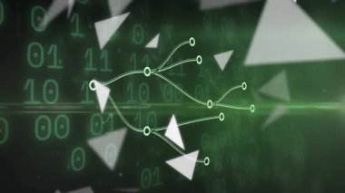 Çemberin sol kolu dallanıyor ve nabız atıyor. Üçgenler dönerek veri akışını gösteriyor. Dijital, fütüristik, soyut, teknoloji, yenilik, hareket, görsel