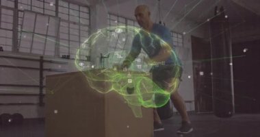 Ağırlık değiştiren insan, zihinsel odak noktasını birbirine bağlayan fitness kutusuyla titreşen dijital beyin düğümlerine neden olur. Spor, güç, egzersiz, zihinsel keskinlik, eğitim, dinamizm, canlılık