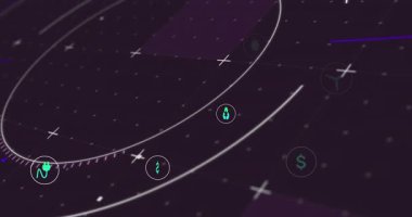 Ortaya çıkan işaretler, enerji çevre ölçümlerini gösteren yay etrafında dönen canlandırılmış simgeleri tetikliyor. Animasyon, veri görselleştirme, sürdürülebilirlik, çevre dostu, teknoloji, bilgi, dijital arayüz