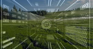 Alan üzerinde görünen şeffaf şebeke örtüsü ve analiz için canlı verileri göstermek üzere panelleri güncelliyor. Gelecekçi, veri görselleştirme, analitik, sürdürülebilirlik, dijital teknoloji, doğa entegrasyonu, yenilik