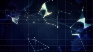 Turkuaz ışıkta parlayan çokgenler ağ göstermek için ızgaranın üzerinde dönen dünyaya doğru sürükleniyorlar. Fütürist, dijital, soyut, teknoloji, ağ, yenilik, siber