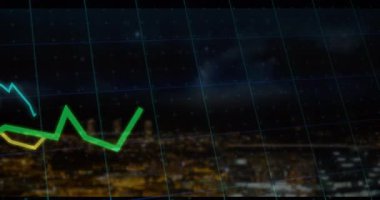 Yeşil çizgi ızgarada solda görünüyor turkuazları başlatıyor, sarı çizgiler veri eğilimlerini gösteriyor. Veri görselleştirme, analitik, hareket grafikleri, şehir teknolojisi, fütüristik, soyut, dijital