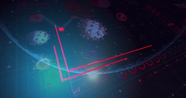 Gösterge çubuklarını oynat, kırmızı eksende yükselen ok ve veri artışını gösteren virüs simgeleri. Fütürist, veri, görselleştirme, dijital, teknoloji, analitik, bilim kurgu