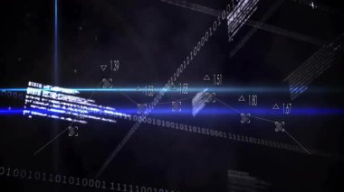 Açılışta ikili akımlar sürükleniyor, mavi ışınlar süpürülüyor, paneller veri ağını görüntülüyor. Fütürist, dijital, soyut, teknoloji, veri, siber alan, görselleştirme