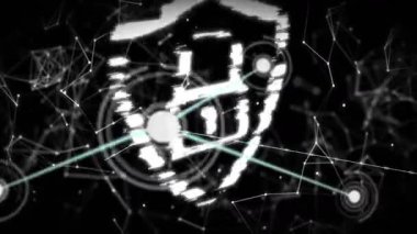 Siber uzayda yer değiştiren ağ düğümleri, siber güvenliği sağlamak için arızalı kalkan ve asma kilit oluşturuyor. Güvenlik, dijital, koruma, teknoloji, yenilik, bağlantı, fütüristik