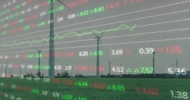 Grafik salınırken rüzgar çiftliğinde ortaya çıkan kaplama ve enerji gözlemi için ölçümler değişiyor. Yenilenebilir kaynaklar, sürdürülebilirlik, teknoloji, manzara, otomasyon, analitik, çevre dostu