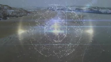 Buzun üzerinde üç boyutlu rendeleyici küre oluşturan soluk parlak noktalar, yürüyen siluetlerin arkasındaki bağlantıları gösteriyor. Gelecek, teknoloji, bağlantı, yenilik, dijital, soğuk, manzara