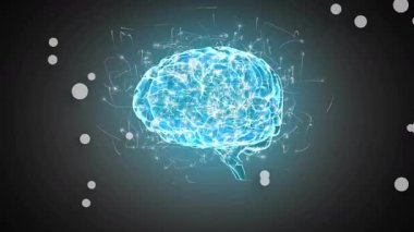 Başladıktan sonra, üç boyutlu beyin hologramı ortaya çıkıyor, nöral veri akışını gösteren sinyallerle dönüyor. Fütürist, dijital, yenilik, teknoloji, soyut, nöral, siber