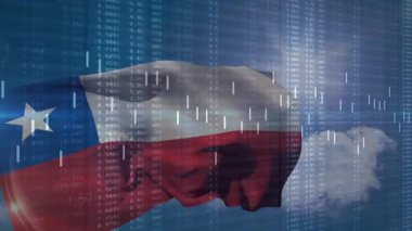 Şili bayrağı mavi gökyüzünde dalgalanırken finansal tablolar piyasa verilerini görselleştiriyor. Vatanseverlik, finans, veri görselleştirme, ekonomik, kurumsal, teknoloji, iletişim