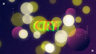 Gölgeleri bozan kayan CRT metinleri ve mor arkaplandaki simgelerle birlikte bokeh daireler çiziyor. Neon, dijital, hareket, soyut, fütüristik, canlı, teknoloji